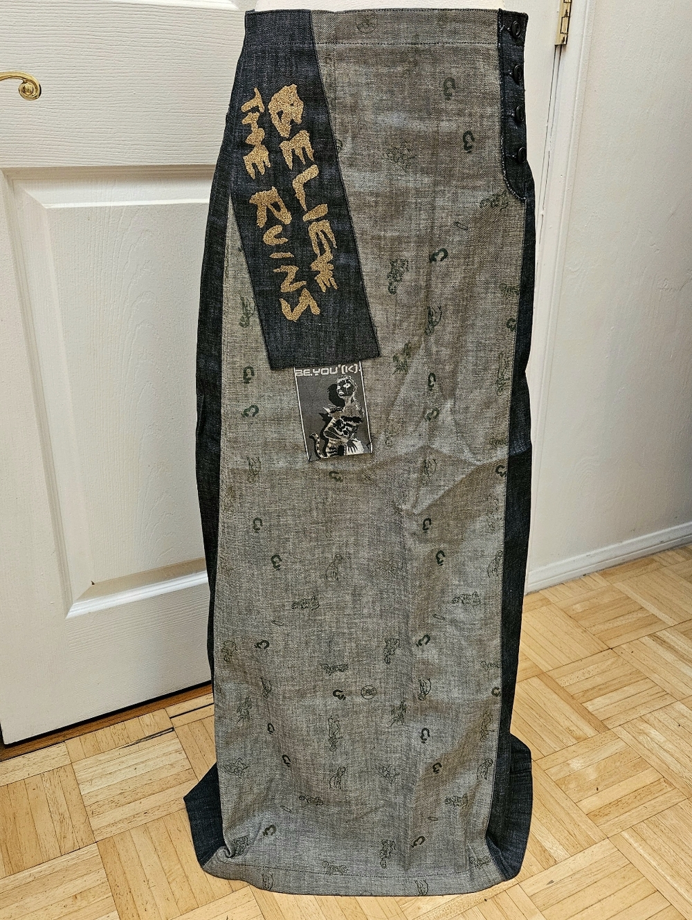 Vintage Diesel Be You (K) Y2K Maxi Blue Denim Long Printed Skirt S - Picture 2 of 11
